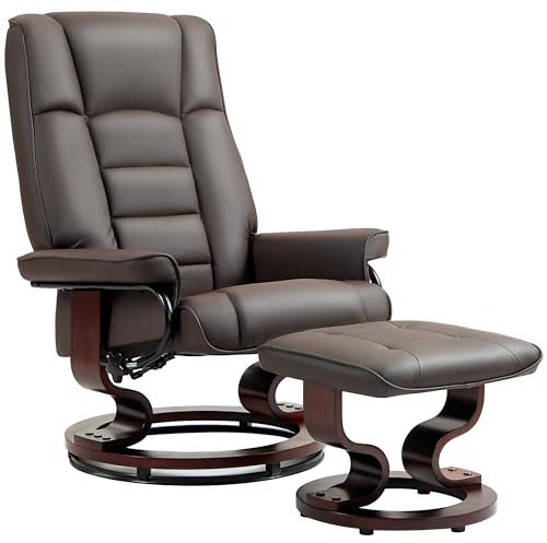 HOMCOM Relaxsessel mit Hocker, Drehbar Fernsehsessel mit Liegefunktion, TV-Sessel mit Holzrahmen, bis 150 kg Belatbar, für Wohnzimmer, Kunstleder, Braun
