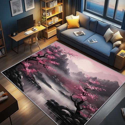 AevuCub Japanisch Deko, Kirschblüten Teppich 100x150 Kurzflor, Teppich Wohnzimmer Asiatische Motive, Weich rutschfest Waschbare Teppiche, Bettvorleger Schlafzimmer Kinderzimmer