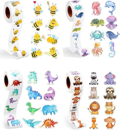 2000 Stück Runde Cartoon Tier Aufkleber, Animal Sticker Rolle Cartoon Tiere Belohnungsaufkleber Selbstklebend Niedlich Biene Aufkleber für DIY Handwerk, Geschenke für Erwachsene Kind (4 Rolle）