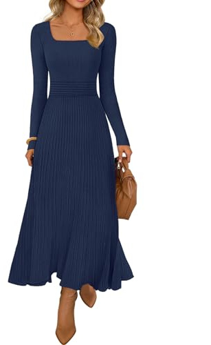 MEROKEETY Damen Pulloverkleid 2025 Herbst Winter Langarm Quadratischer Ausschnitt Plissee Kirche Hochzeit Gäste Strick Midi Kleider