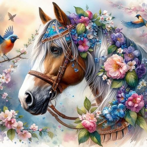 MISCER Diamond Painting Kit, Fleur Livre Peinture Diamant Adulte, Cheval 5D Diamond Painting Complet Diamant Kit Enfants, Cadeau Décoration Murale d'intérieur Avec Outils Cadeau 30x30cm