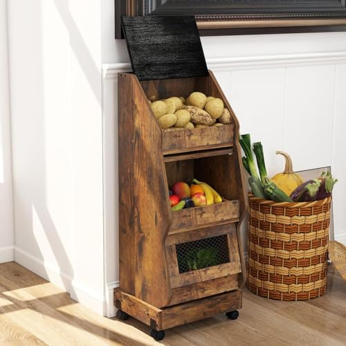 YU YUSING Rangement Pomme de Terre Légumes à 3 Étagères avec Roulettes, Filet Anti-insecte, Garde Manger Grillagé en Bois, Panier de Fruits de Cuisine, Chariot Boîte de Stockage, Marron Rustique