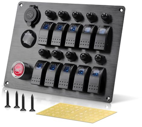 Geloo 10 Gang Panel de interruptores, IP65 Impermeables 12 V/24 V Interruptor de Palanca con Disyuntores y Botón de Bocina para Automóviles, Barcos, Autocaravanas y Camiones