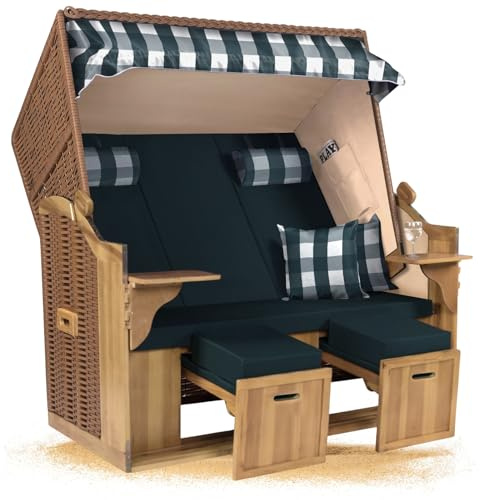 Strandkorb Hanse Ostsee Royal XXL 2,5 Sitzer Volllieger, 150 cm breit, Wacholderholz, Geflecht Natur, fertig montiert, 2 Schwenktische, Fußstützen, Bezug Grün Weiß Kariert Uni