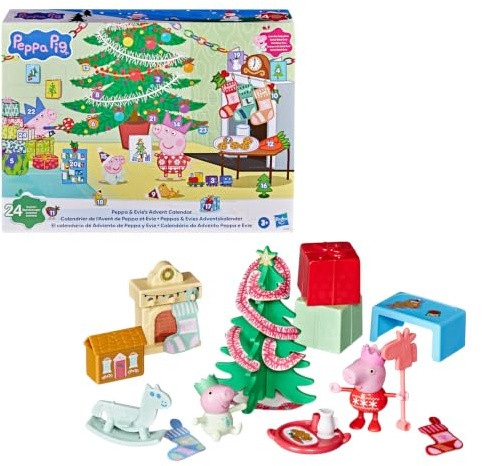 Peppa Pig Peppas & Evies Adventskalender, nummerierter Countdown-Kalender für Weihnachten mit 24 Überraschungen, enthält 2 Figuren, Vorschulspielzeuge ab 3 Jahren