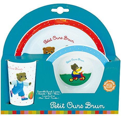 FUN HOUSE 005444 Petit Ours Brun Ensemble Repas Contenant 1 Assiette, 1 Bol et 1 Verre pour Enfant Polypropylène Blanc 26.5x8.5x24.5 cm