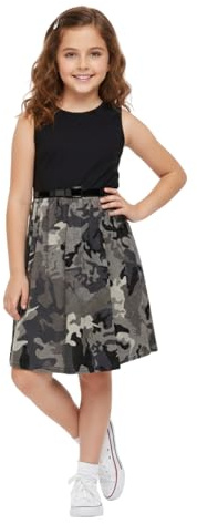 A2Z 4 Kids Girls Skater Dress Floral Belted Summer Party Dance - Skater Dress Camo Panel Charcoal 13
