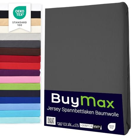 Buymax® Topper Spannbettlaken 140x200 cm Spannbetttuch 100% Baumwolle Jersey für Matratzentopper bis 12 cm Matratzenhöhe Bettlaken für Boxspringbett Topper, Anthrazit