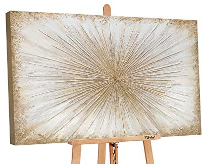 YS-Art Abstrakt Acryl Gemälde auf Leinwand Sonnenstrahlen handgemalt Wandbilder Wohnzimmer modern Wohndekor Design Bild Sonne Gold echte Kunst 120x80 cm