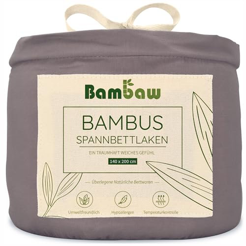 Bambaw Spannbettlaken 140x200cm 100% Bambus, 35 cm Steghöhe, atmungsaktive Bettlaken, kuschelige Bambus Bettwäsche, kühlendes Spannbettlaken, anti Milben hypoallergenes Bettlaken, Öko-Tex (Dunkelgrau)