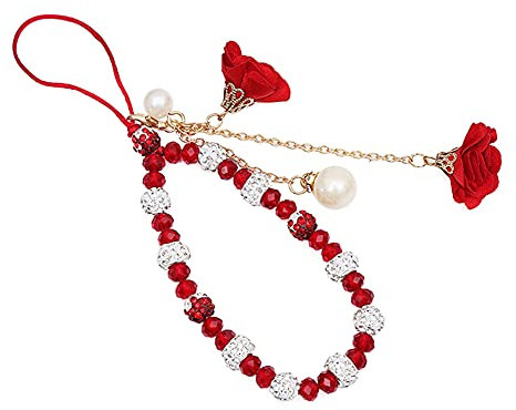 Uposao Bling Diamant Strass Handschlaufe für Telefon,Blume Handykette Perlen Handyanhänger Telefon Kette Handy Strap Perlen Lanyard Handgelenk für Telefonkasten Kamera Schlüsselbund USB-Stick,Rot
