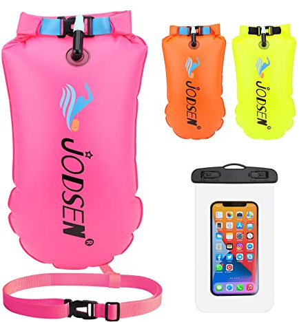 Schwimmboje,Boje Schwimmen Aufblasbare Trockentasche 20l mit Wasserdichter Handytasche,Trockensack für Erwachsene Freiwasser Triathlon Sport Schnorcheln Rennen Ausbildung Zubehör,Gut Sichtbarer,Rosig