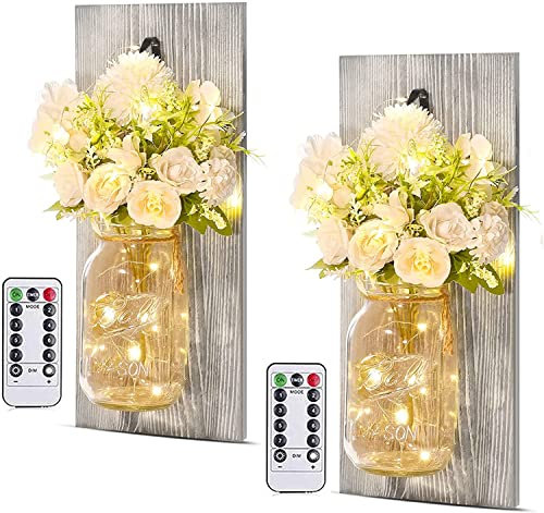 SASONCO Wall Decor Mason Jar Sconces - Home Decor Wall Art Hanging Design with Remote Control LED Fairy Lights and Yellow Rose set of 2 (Rose+dark Grey Board)