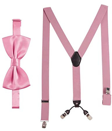 Massi Morino Hosenträger mit Fliege Rosa Set für Herren und Damen I Y-Form Träger elastisch mit extra starken Clips - 3,5cm breit - längenverstellbar I Vorgebundener Schlips für Anzug