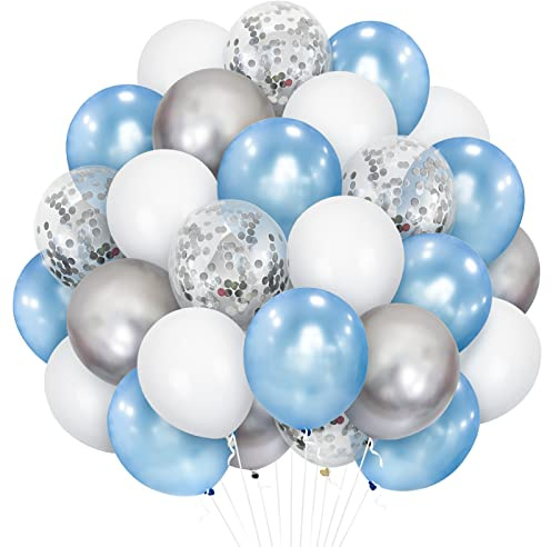 Blue Balloons Frozen, 30 Pack 12 Inch Pearl Blue Pastel White Balloon Metallic Silver Helium Latex Balloons for Winter Wonderland Birthday Snowflake Theme Baby Shower Wedding Party Decoration