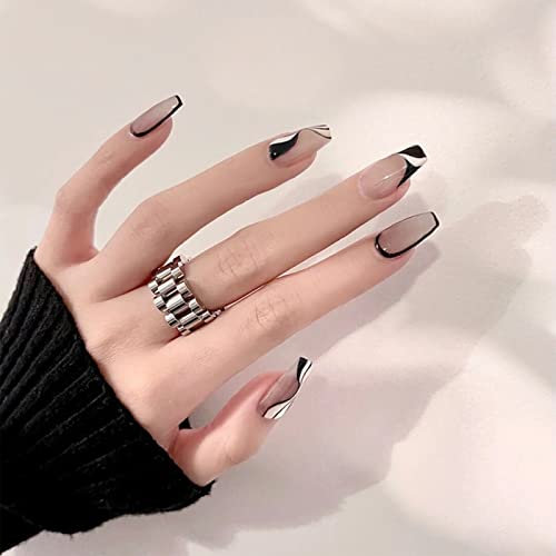 Press On Nails Long Coffin Bellarine Tapered full coverage glossy false Nails, Fake Arcylic press on nails hand manicure for women (Black And White Stripe)