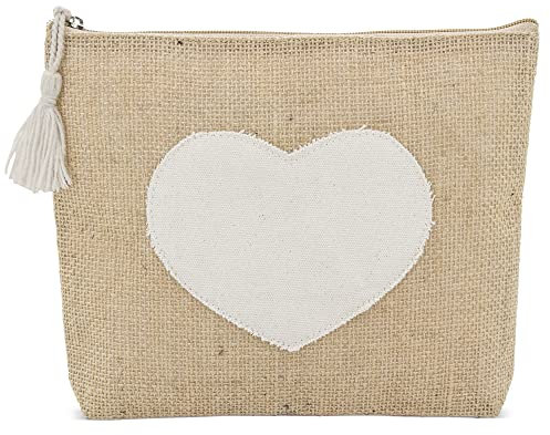 Trousse de toilette en jute pour femme avec fermeture éclair et pompon, trousse de maquillage, voyage, Écru - Cœur, Trousses de toilettes