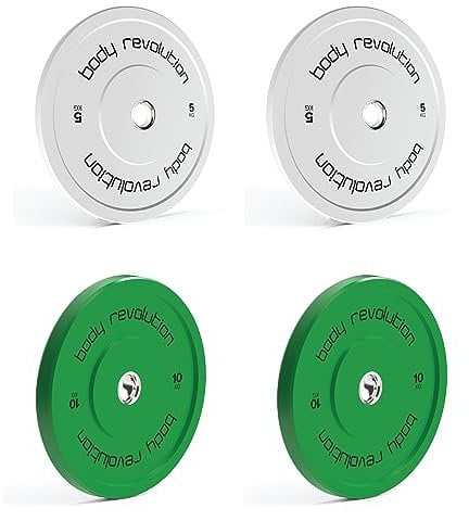 BODY REVOLUTION Olympic Weight Plates for 2 Barbells - Solid Colour Rubber Bumper Plates, Home Gym Equipment for Strength Training Workouts