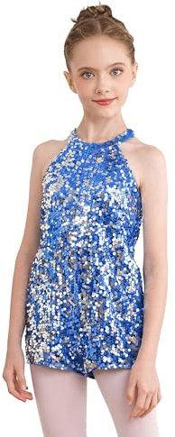 JEATHA Mädchen Pailletten Jumpsuit Kurz Overall Neckholder Turnanzug Gymnastik Leotards Glänzende Balletttrikot Turntrikot Tanzkleidung Royal Blau 122-128