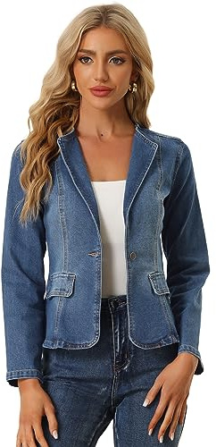 Allegra K Women Cropped Jean Jacket Long Sleeve Collarless One Button Lightweight Stretchy Fitted Denim Shacket Jackets Large Blue