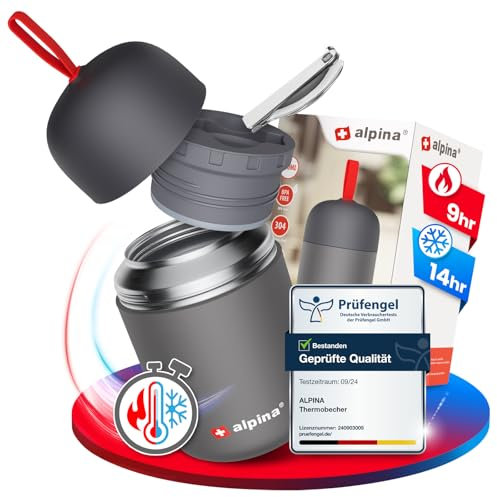 alpina Thermobehälter für Essen - SPÜLMASCHINENFESTER Thermo Becher 530ml mit Druckausgleich und faltbarem Löffel - Hält extra lange warm und kalt Edelstahl Thermobecher BPA frei (530, Oval, 1, 20079)