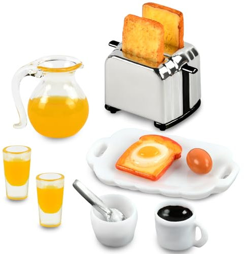 Puppenhaus Miniatur Frühstück, Mini Lebensmittelmodell, Miniatur Küche Zubehör Lebensmittel, Mini Toastmaschine Brot Milch Eier Tassen Teller Löffel Puppenhaus Dekoration Essen Spielzeug (Fruchtsaft)
