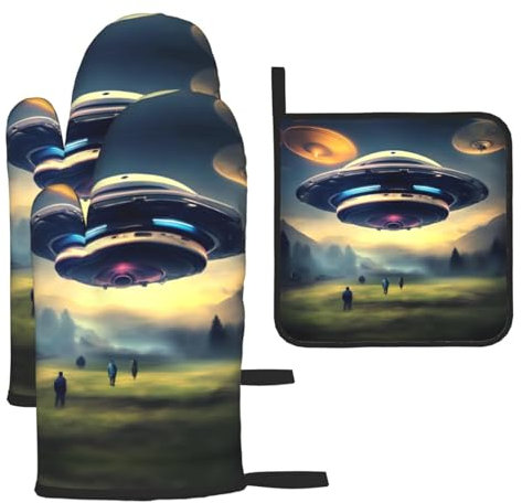 UFO Landeofenhandschuhe und Topflappen Set (3-teiliges Set), Polyester rutschfeste Grillhandschuhe für Küche, Kochen, Backen, Grillen