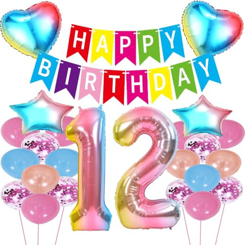 ZWWsullo geburtstagsdeko mädchen 12 geburtstag Luftballon 12 Geburtstag Dekoration Set 12 Geburtstag Deko Regenbogen 12 Geburtstag Deko Helium Folienballon Riesen Helium Happy Birthday Party