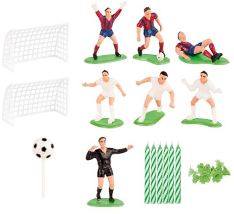 dekora - Fußball-Set mit 10 Geburtstagskerzen - Set zum Dekorieren von Geburtstagstorten - Attraktives Design - Set mit 6 Spielern, 1 Schiedsrichter, 1 Ball, 2 Toren und 10 Kerzen mit Sockel