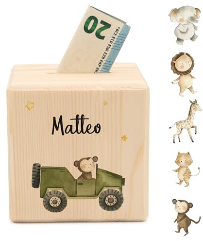 Geschenkfreude Spardose personalisiert mit Namen aus Holz - 10x10cm Holzspardose mit Schloss - Taufgeschenke für Junge/Mädchen - UV-Druck Spardosen mit Namen - Geschenk zur Geburt - Einschulung