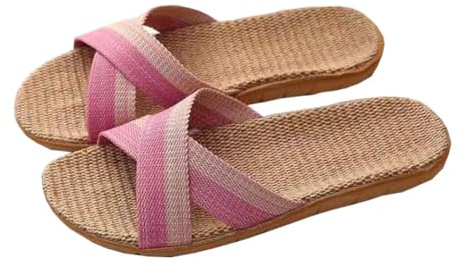 AHDMR Hommes Femmes Chaussons d'été en Lin Respirant Sandales d'Intérieur Antidérapantes Charentaises Mules à Bout Ouvert Tongs Plats Couples à Semelle de Lin Évacuant l'Humidité pour Maison Bureau