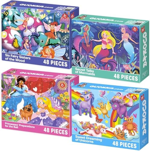 QUOKKA Puzzle ab 4 5 6 Jahre - 4x48 Teile Rahmenpuzzle Spiele für Jungen und Mädchen - Bunte Puzzle mit Meerjungfrauen und Einhorn - Geschenk Spielzeug für Kinder 3 7 Jahre
