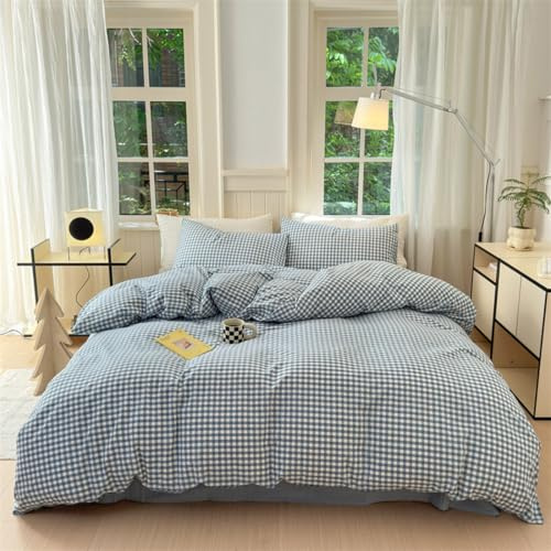 Ruccit Parure de très grand lit à carreaux bleus 100 % coton lavé blanc – Ensemble de housse de couette à motif à carreaux 3 pièces avec fermeture éclair et attaches d’angle, doux et respirant