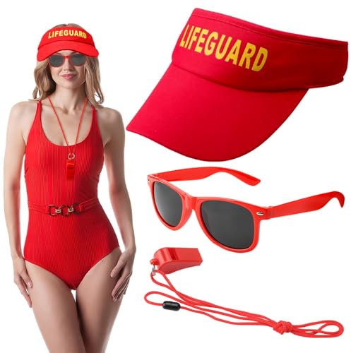 ZMDMAH Set di 3 Costumi da Bagnino, Lifeguard Costume Set, Accessori per Bagnini Include Cappello da Bagnino e Occhiali da Sole Fischietto, Accessori da Bagnino per Adulti, Uomini e Donne