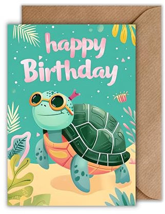 WBdesignz Schildkröte Geburtstag Karte mit Umschlag - Süße Geburtstagskarte für Kinder “Happy Birthday Geschenkkarte Mädchen Jungen Glückwunschkarte (DIN A6)