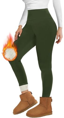 Missluck Thermo Leggings Damen Gefüttert Thermoleggings Verdickte Plüsch Thermohose Fleece Leggins Warme im Winter,Armee grün,S
