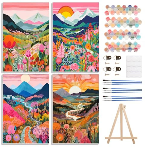 GHHKUD 4 Pack Paint by Numbers Kits for Adults Beginners with Framed Canvas&Easel, Adult Paint by Number Kit Oil Acrylic, Natural Abstract Landscapes Painting Kit, Arts and Crafts for Decor 8x12in