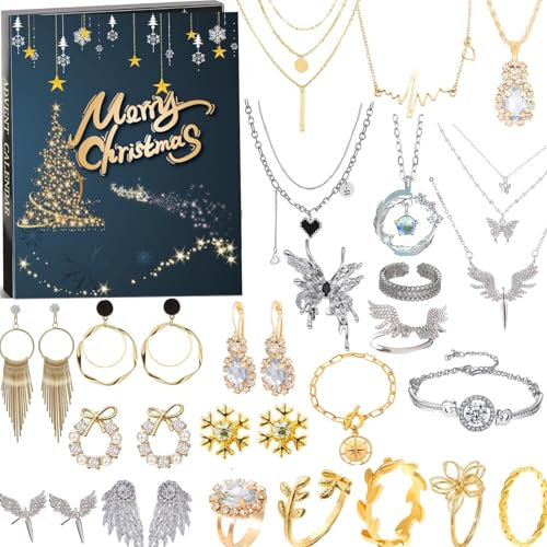 Schmuck-Adventskalender 2024, Erwachsene, Frauen, Teenager, Mädchen, 24 Tage Weihnachts-Countdown-Kalender mit Halskette, Ringen und Ohrringen, Weihnachtsüberraschungsgeschenke für Mutter, Freundin,