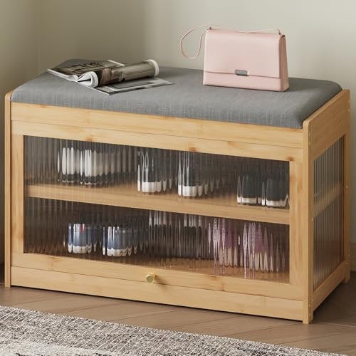 PULUOMIS Shoe Storage Bench with Seat, 2-Tier Shoe Rack Bench with Removable Cushion, Shoe Storage Cabinet with Filp Door for Hallway, Bedroom, Living Room, 69 x 31 x 44 cm