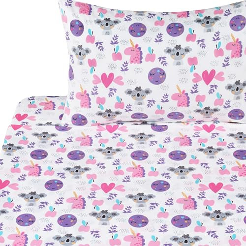 J-pinno Koala Einhorn Mond schlafend niedlich bezaubernd Cartoon 100% Baumwolle 3-teiliges Bettwäsche-Set für Kinder Mädchen Jungen Kinder Bettlaken + Spannbetttuch + Kissenbezug Bettwäsche Dekoration