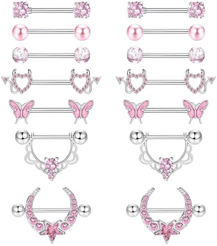 DXiongW 7 Paar 14G Nippelpiercing für Frauen Chirurgenstahl Zungenpiercing Rosa Schmetterling Herz Brustwarzenpiercing 16mm Barbell Piercing Edelstahl Nippelringe Körperpiercing Schmuck Set für Damen