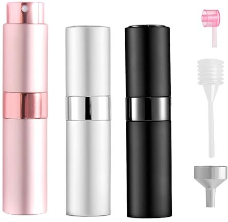 Atomizador Recargable de Perfume 8 ml, 3 Atomizador Perfume, Perfume Recargable Portátil Unisex (Negro/Plateado/Rosa) Recargador de Perfume, Ideal para Decants Perfumes y Viajes
