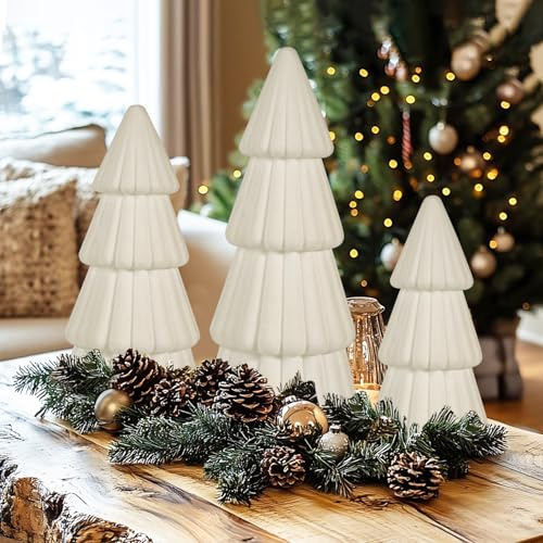 Miaikoe 3 Stück Samt Weihnachtsbaum Dekorationen Verschiedene Größen Moderne Kegel Künstliche Bäume für Weihnachtsdekoration Winter Urlaub Eingang Tischplatte Mittelstück (Beige)