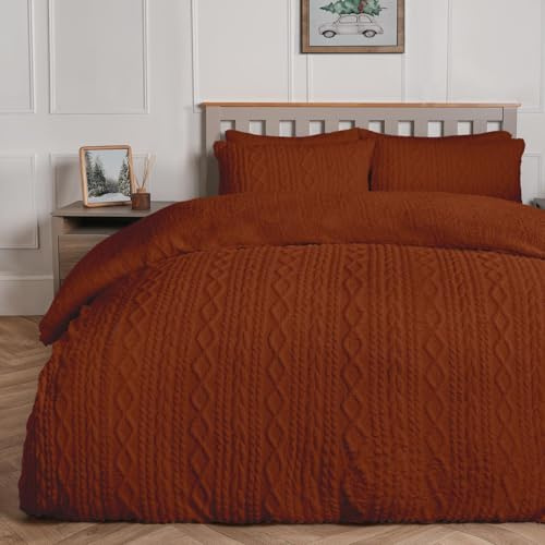 OHS Double Fleece Duvet Cover, Christmas Autumn Winter Bedding Set Ultra Soft Warm Cosy Cable Knit Fleece Sherpa Reversible Double Duvet Set with Matching Pillowcases, Rust