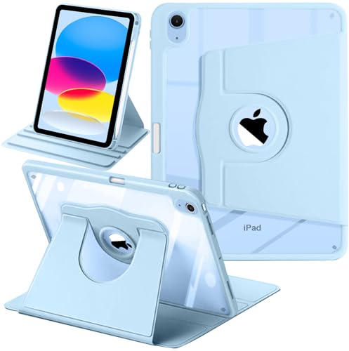 Coque Rotative pour iPad (A16) 11ème/10ème Gén 2025/2022 Étui Bleu Ciel | Porte Stylet Bumper TPU Souple Dos Transparent Support Tri Pli Rotation 360 Degrés Auto Réveil Veille Protection Antichoc Fin
