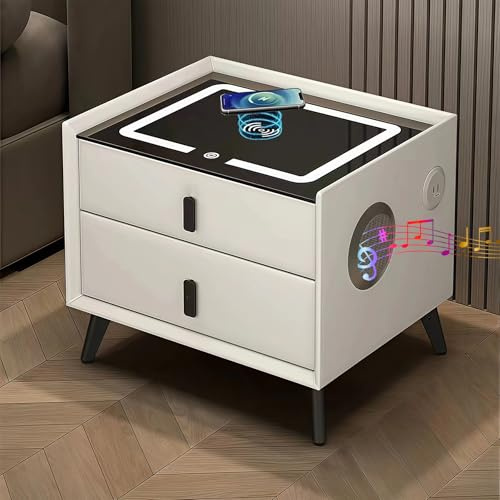 GXSDYYDS LED Nachttisch Weiß mit 2 Schubladen, Touch Bedienung, Bluetooth Audio, Ladefunktion, Modern Schlafzimmer Möbel