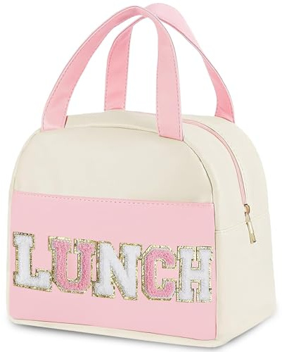 YIChongDan Lunch Bag for Women Teen Girls Kids Adults Large Lunch Box Preppy Cute Pink Lunch Bag with Letter Big Thermal Freezable Reusable Lunch Tote Bag Organizer for Picnic School Work