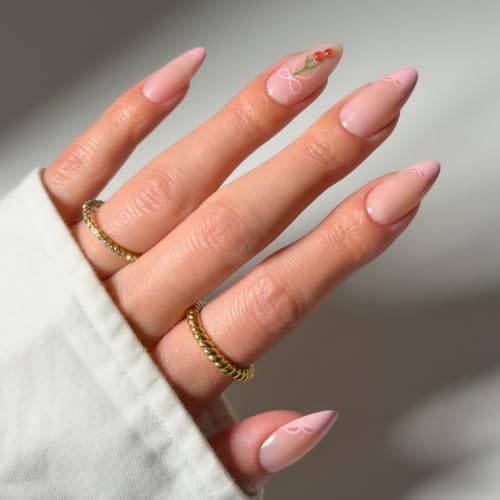 Glamnetic Press On Nails - Cherry Bow | Medium Almond Fake Nails with Pink French Tips, Lace Trim & 3D Cherry Accents in Glossy Finish, Salon Quality | 15 Sizes - 30 Nail Kit with Glue
