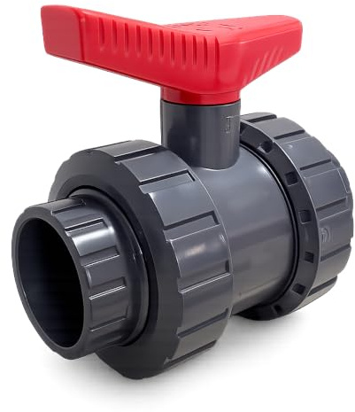 FLUVIA Valvula de Bola PVC DN50 de Doble Union para Encolar Ø50 mm PN10 Llave de Paso para Piscinas Riego Jardineria Instalaciones Hidraulicas Alta Resistencia Anticorrosion