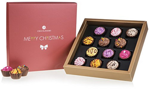 CHOCOLISSIMO - Schokolade Geschenk - 12 handgemachte Cupcake Pralinen - Weihnachtsschokolade, Geschenk zu Weihnachten, Nikolaus, Advent - für Frauen, Männer, Eltern, Mama, Papa - Xmas Square Maxi